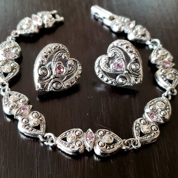 AVON Egyptian Revival Victorian Niello Pink Rhinestone Heart Bracelet & Earrings - Picture 5 of 6